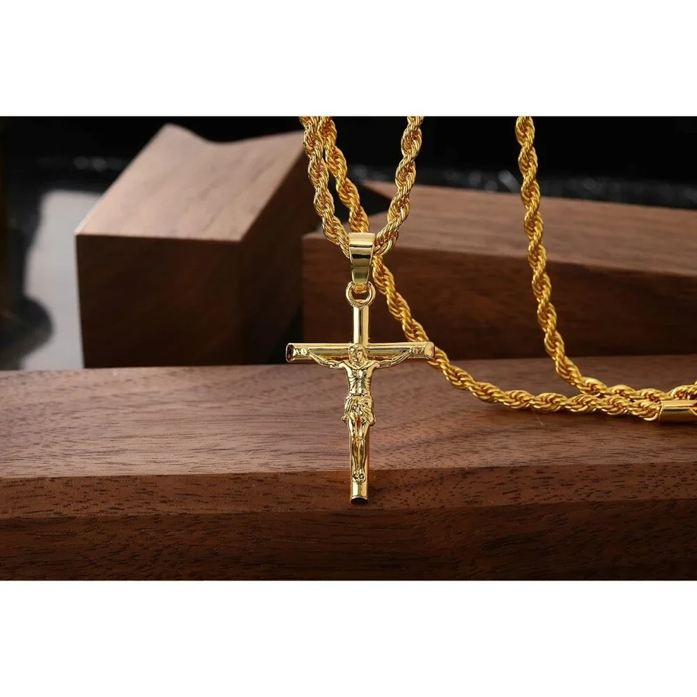 💫 Men Gold Crucifix Cross Necklace 18K Plated Cross Pendant Rope Chain Jewelry